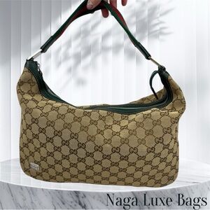 Gucci Hobo Shoulder Beige Monogram Bag with Green and Red Strap